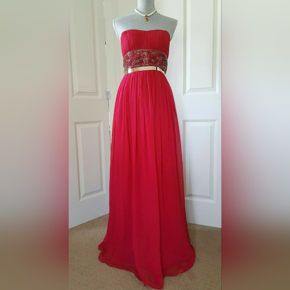 ◇$395 NEW AIDAN MATTOX RUBIN RED SILK  GOLD BEAD CHIFFON CORSET RUNWAY GOWN US 6